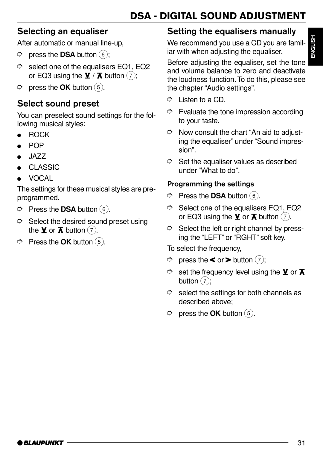 Blaupunkt CD70 operating instructions Selecting an equaliser, Select sound preset, Setting the equalisers manually 