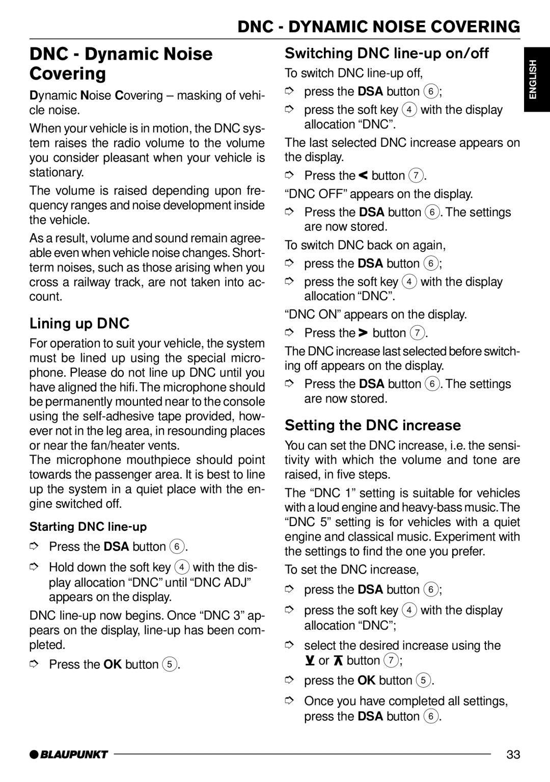 Blaupunkt CD70 DNC Dynamic Noise, Covering, Switching DNC line-up on/off, Lining up DNC, Setting the DNC increase 