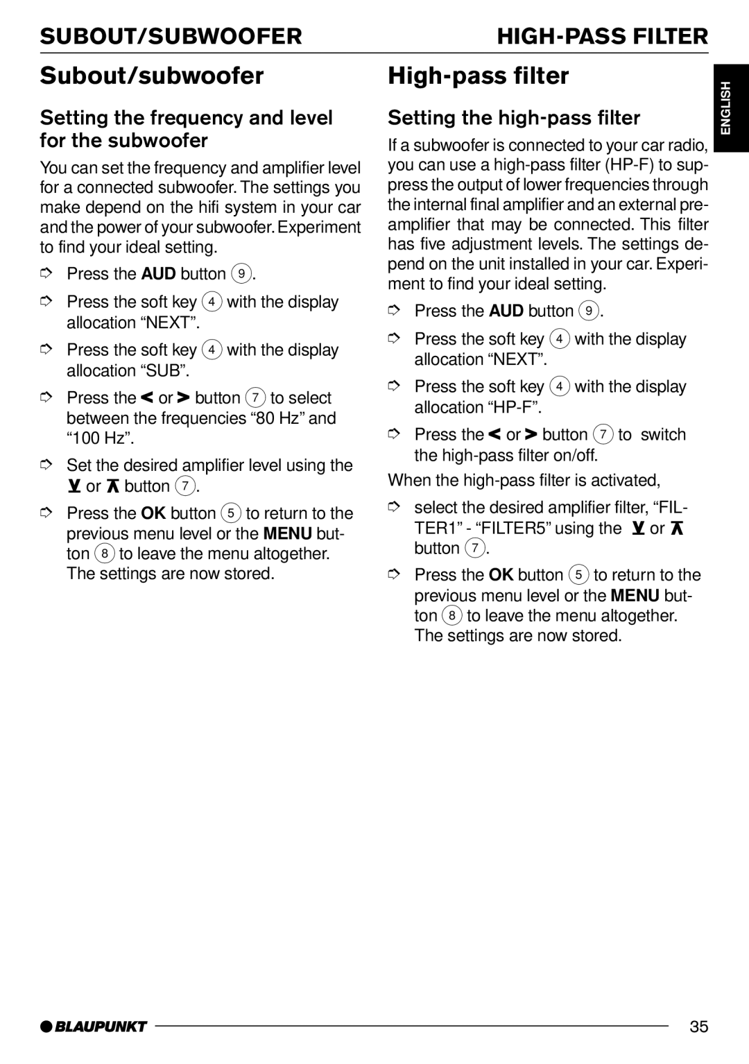 Blaupunkt CD70 operating instructions Subout/subwoofer, High-pass filter, Setting the frequency and level for the subwoofer 