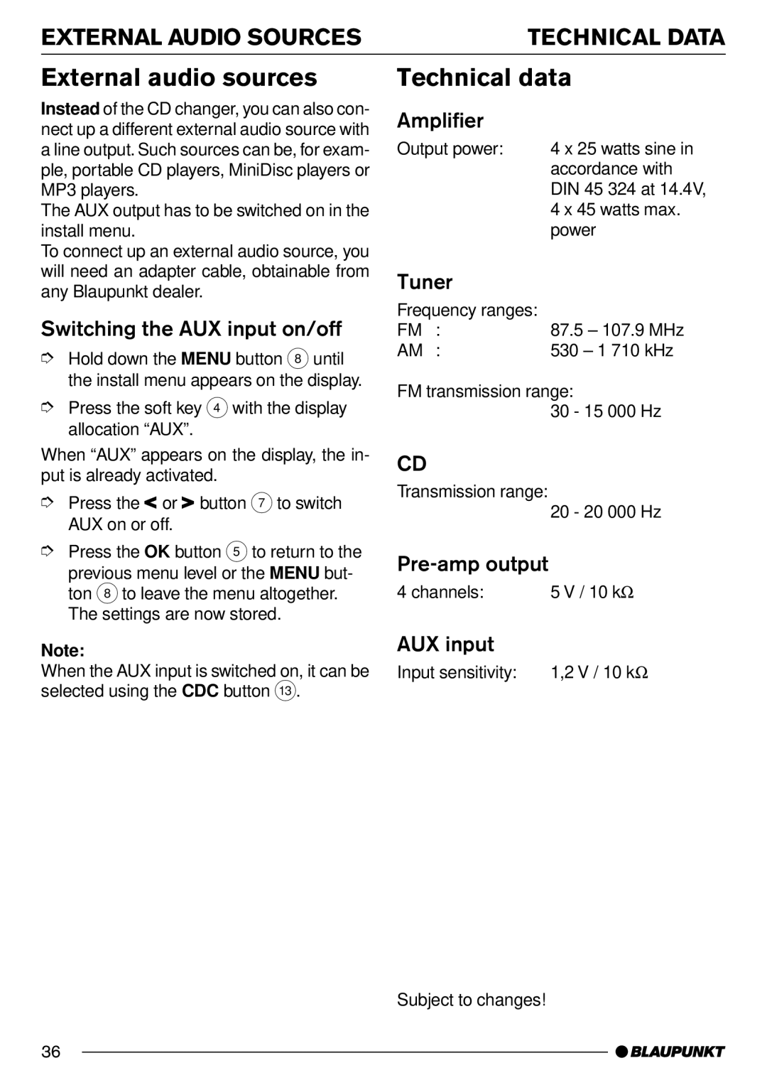 Blaupunkt CD70 operating instructions External audio sources, Technical data 