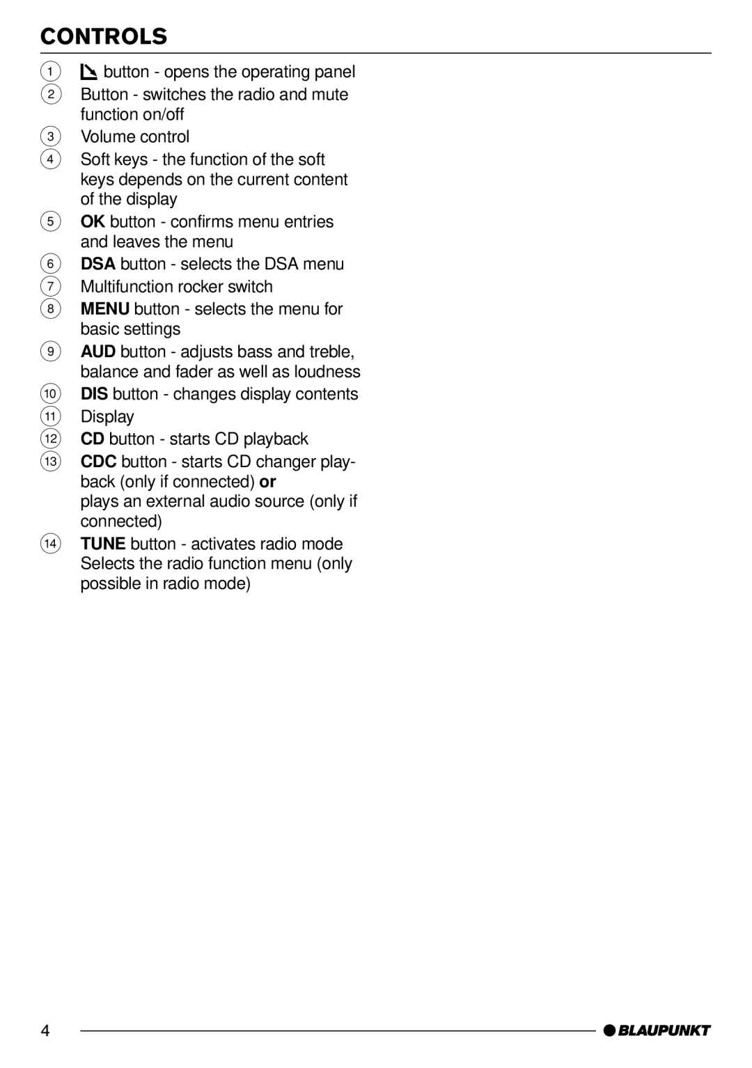 Blaupunkt CD70 operating instructions Controls 