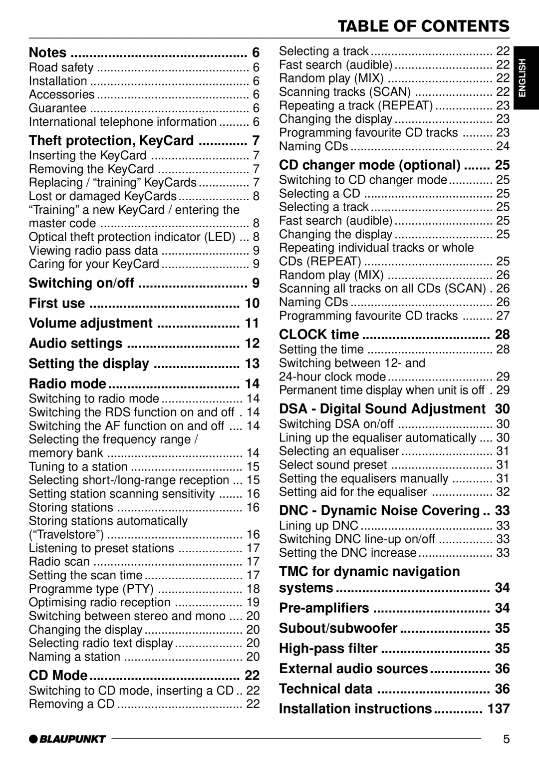 Blaupunkt CD70 operating instructions Table of Contents 