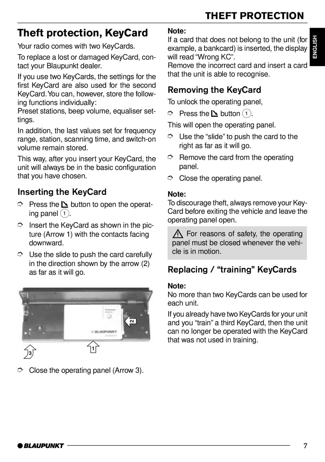 Blaupunkt CD70 Theft protection, KeyCard, Inserting the KeyCard, Removing the KeyCard, Replacing / training KeyCards 