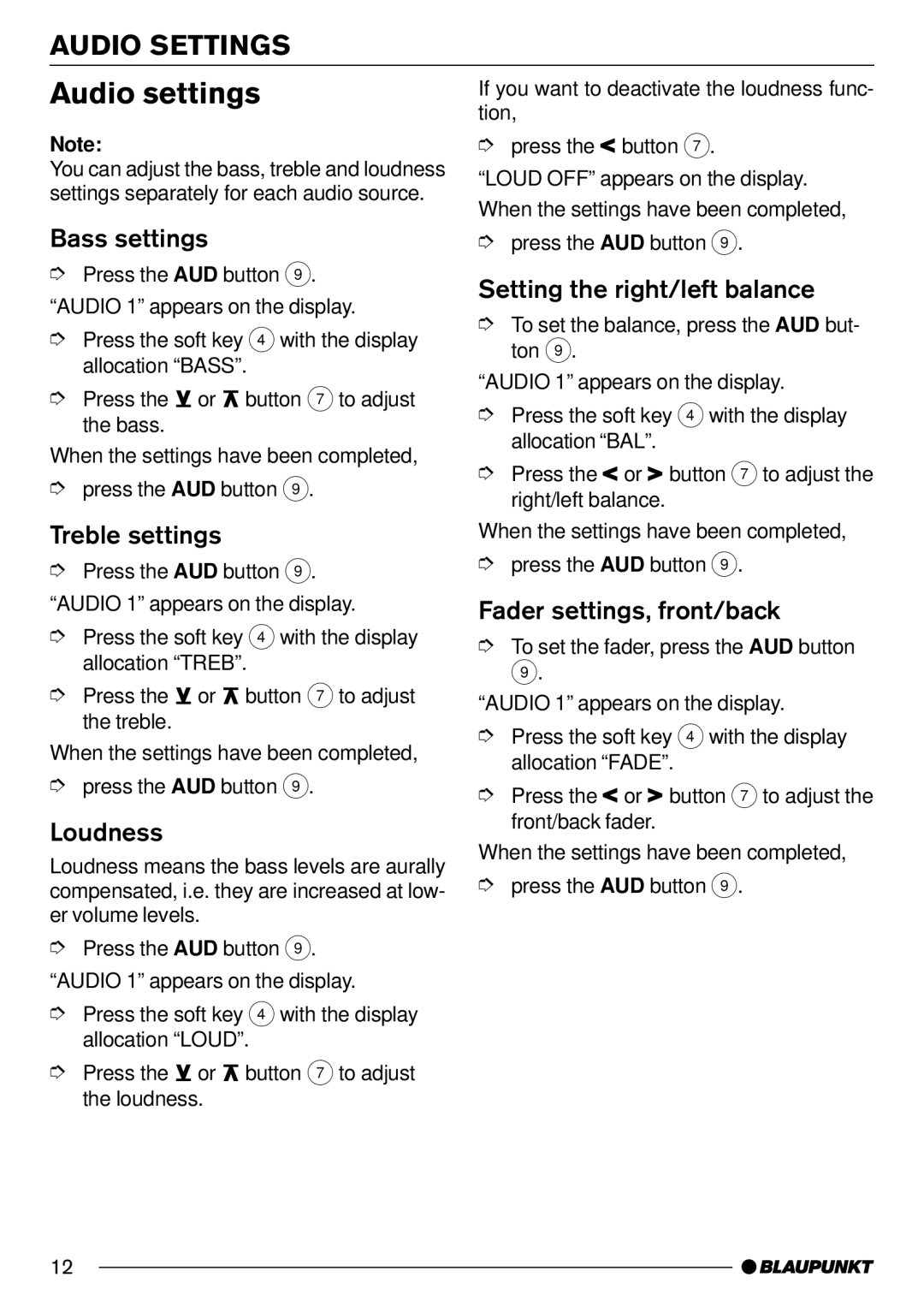 Blaupunkt CD70 operating instructions Audio settings 