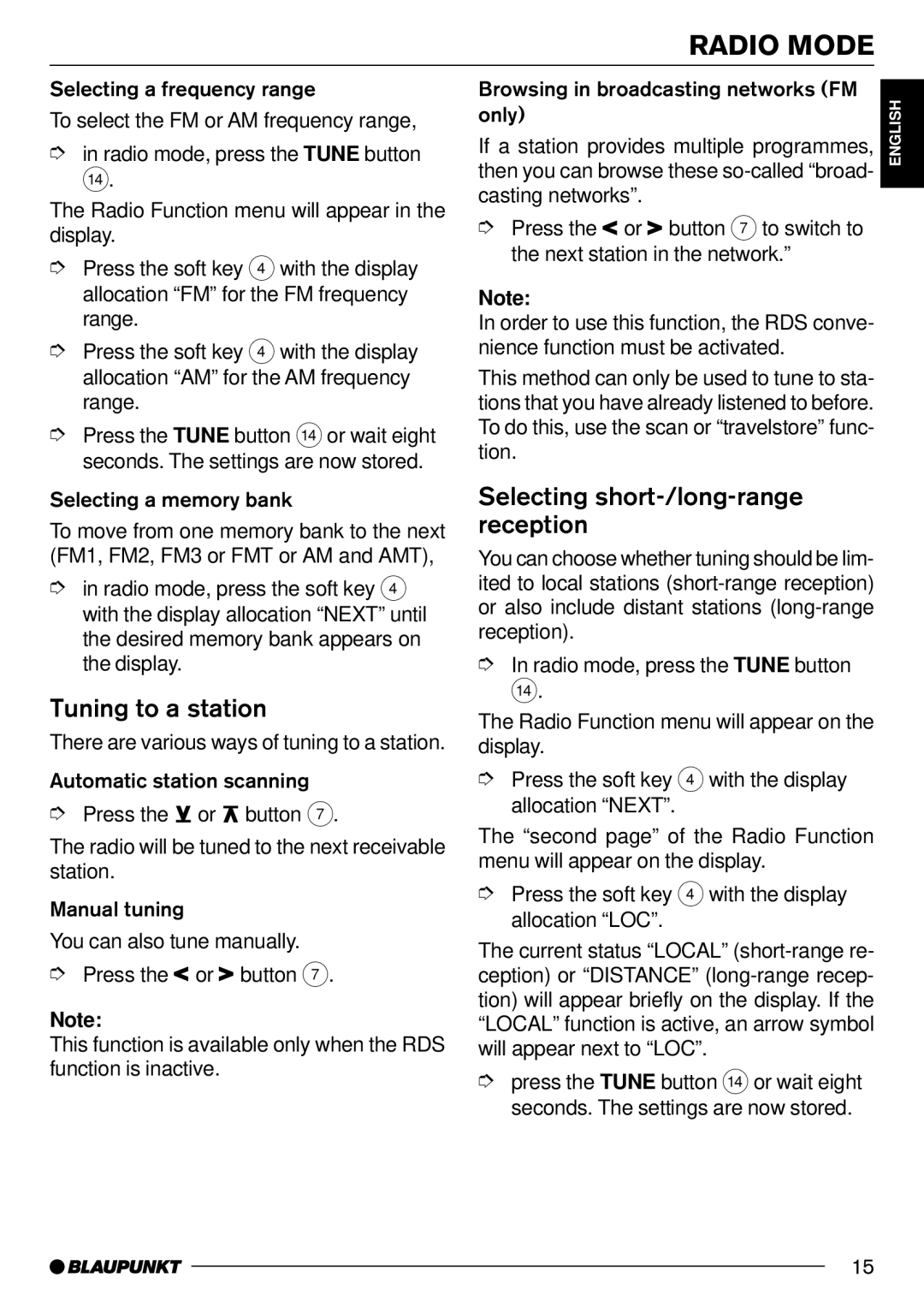 Blaupunkt CD70 operating instructions Tuning to a station, Selecting short-/long-range reception 