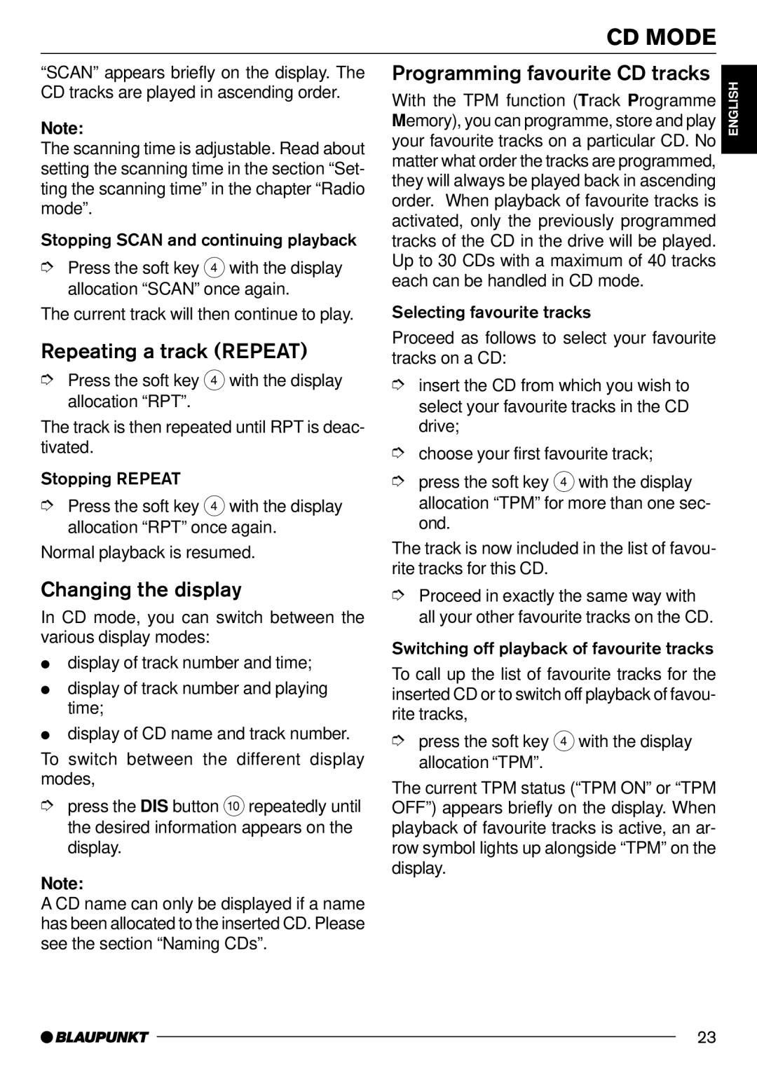 Blaupunkt CD70 operating instructions Repeating a track Repeat, Programming favourite CD tracks 