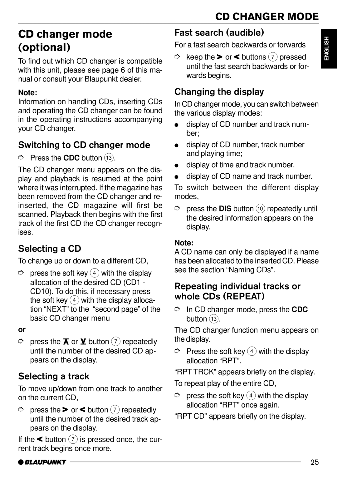 Blaupunkt CD70 operating instructions CD changer mode, Optional 