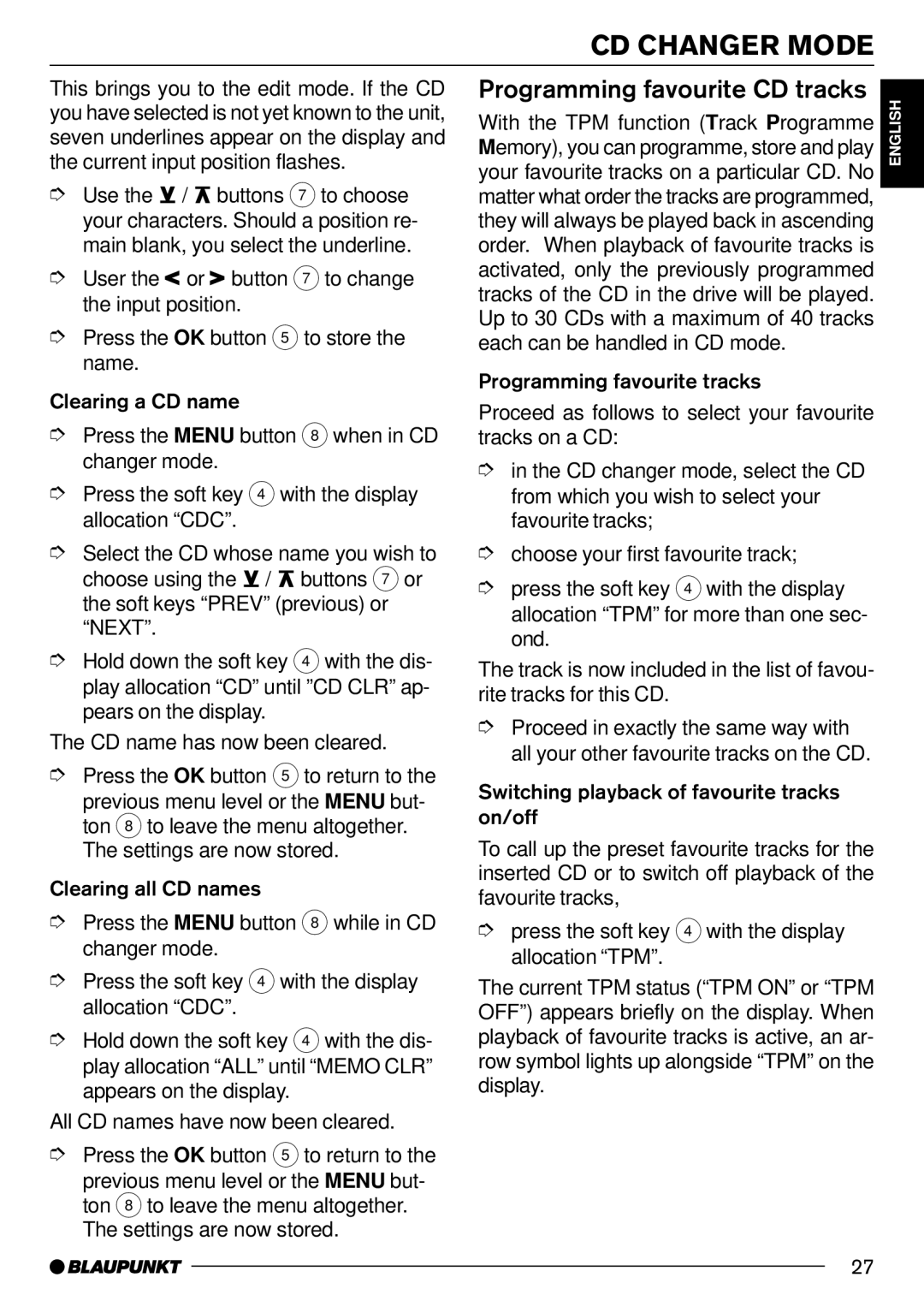 Blaupunkt CD70 operating instructions Programming favourite CD tracks 