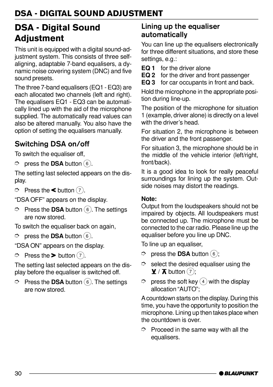 Blaupunkt CD70 DSA Digital Sound Adjustment, Switching DSA on/off, Lining up the equaliser automatically 