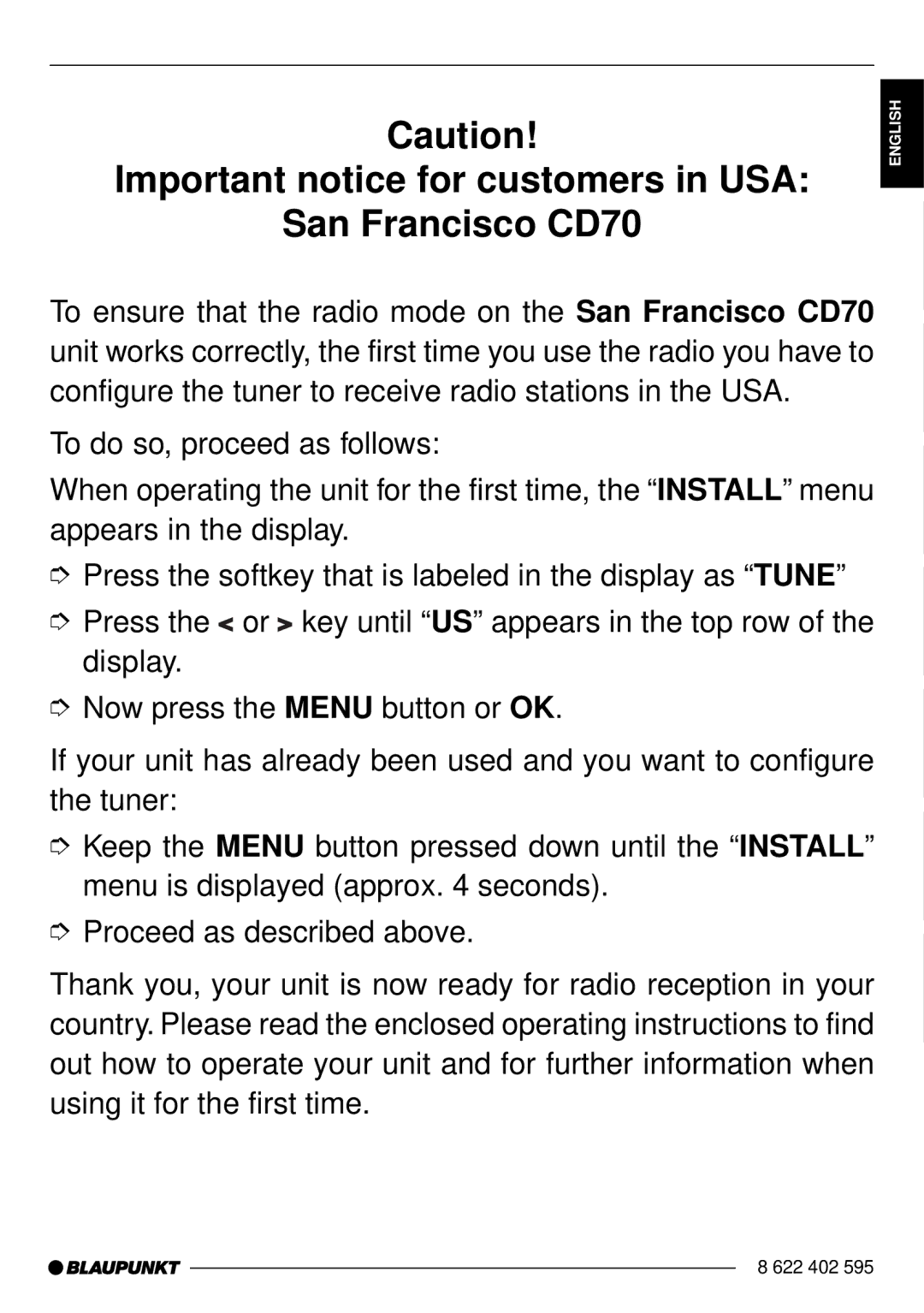 Blaupunkt operating instructions Important notice for customers in USA San Francisco CD70 