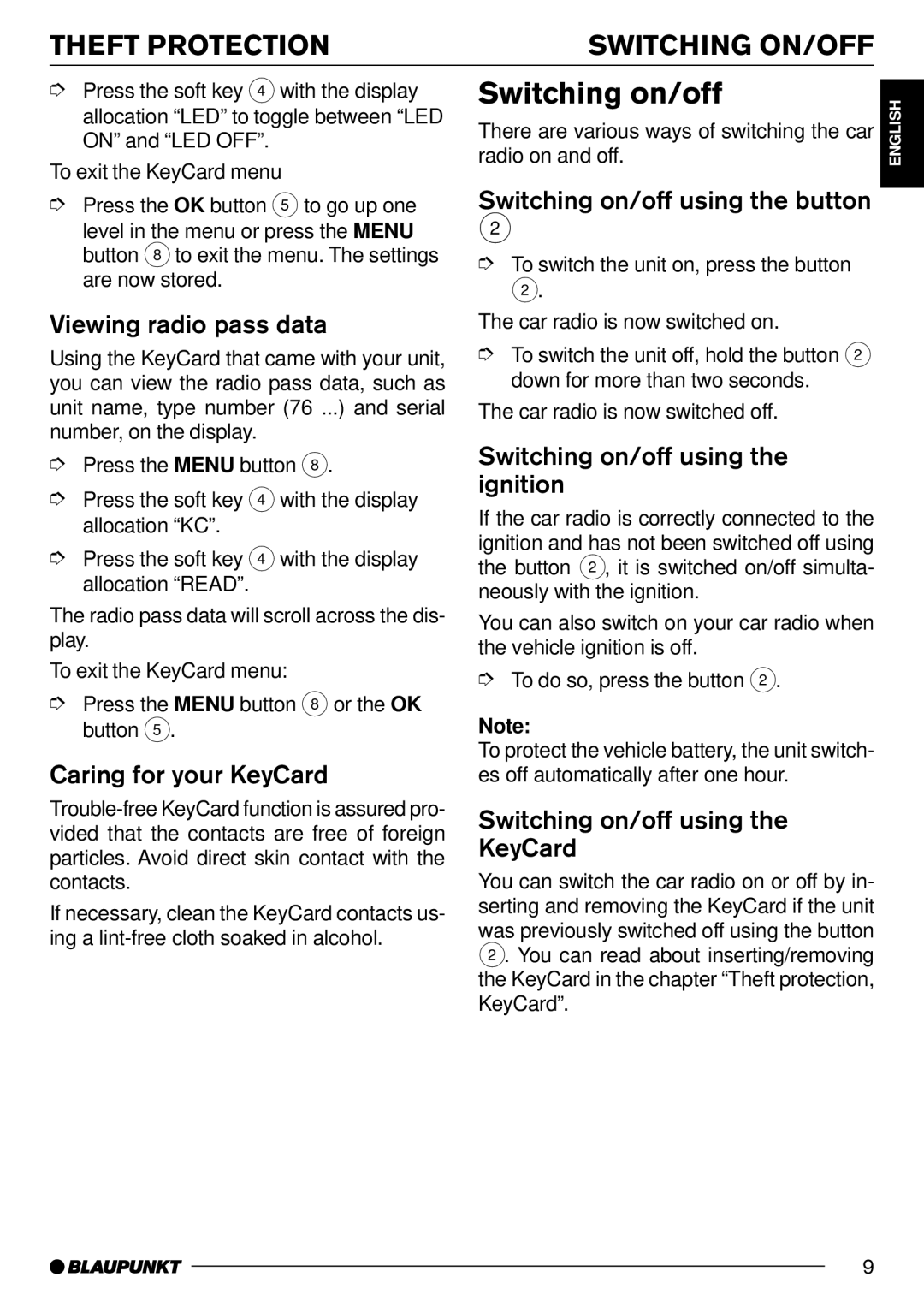 Blaupunkt CD70 operating instructions Switching on/off 