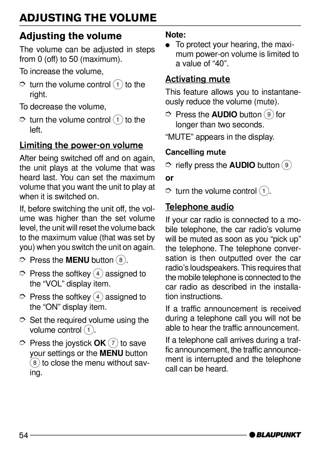 Blaupunkt CD72 Adjusting the Volume, Adjusting the volume, Limiting the power-on volume, Activating mute, Telephone audio 