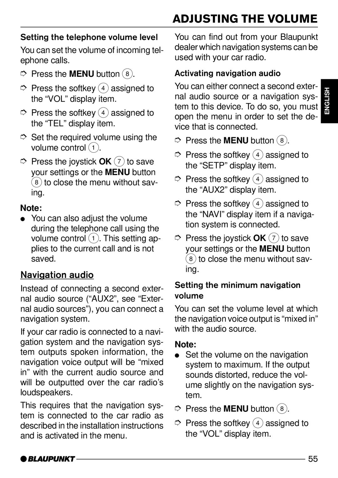 Blaupunkt CD72 operating instructions Navigation audio 