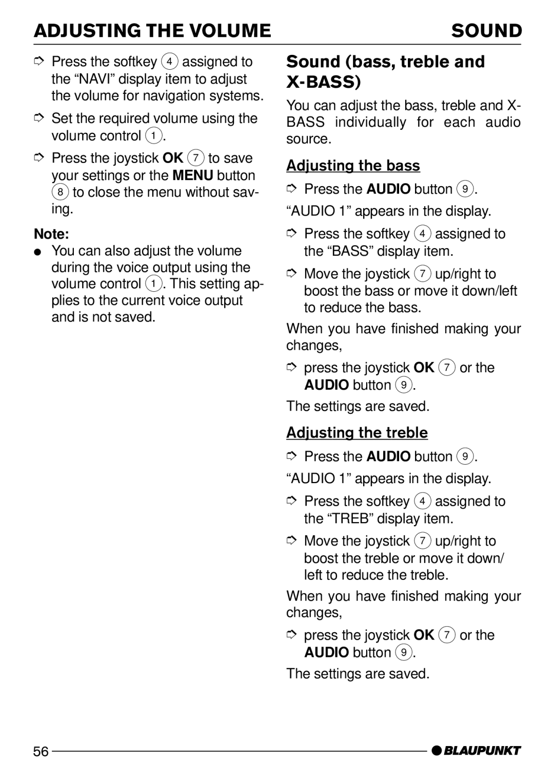 Blaupunkt CD72 Adjusting the Volume Sound, Sound bass, treble and X-BASS, Adjusting the bass, Adjusting the treble 