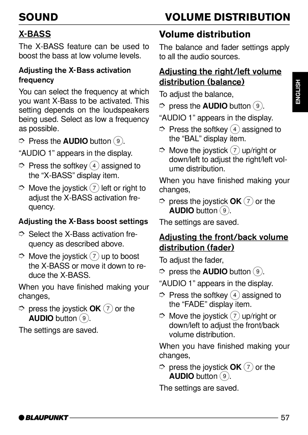 Blaupunkt CD72 Sound Volume Distribution, Volume distribution, Adjusting the right/left volume distribution balance 