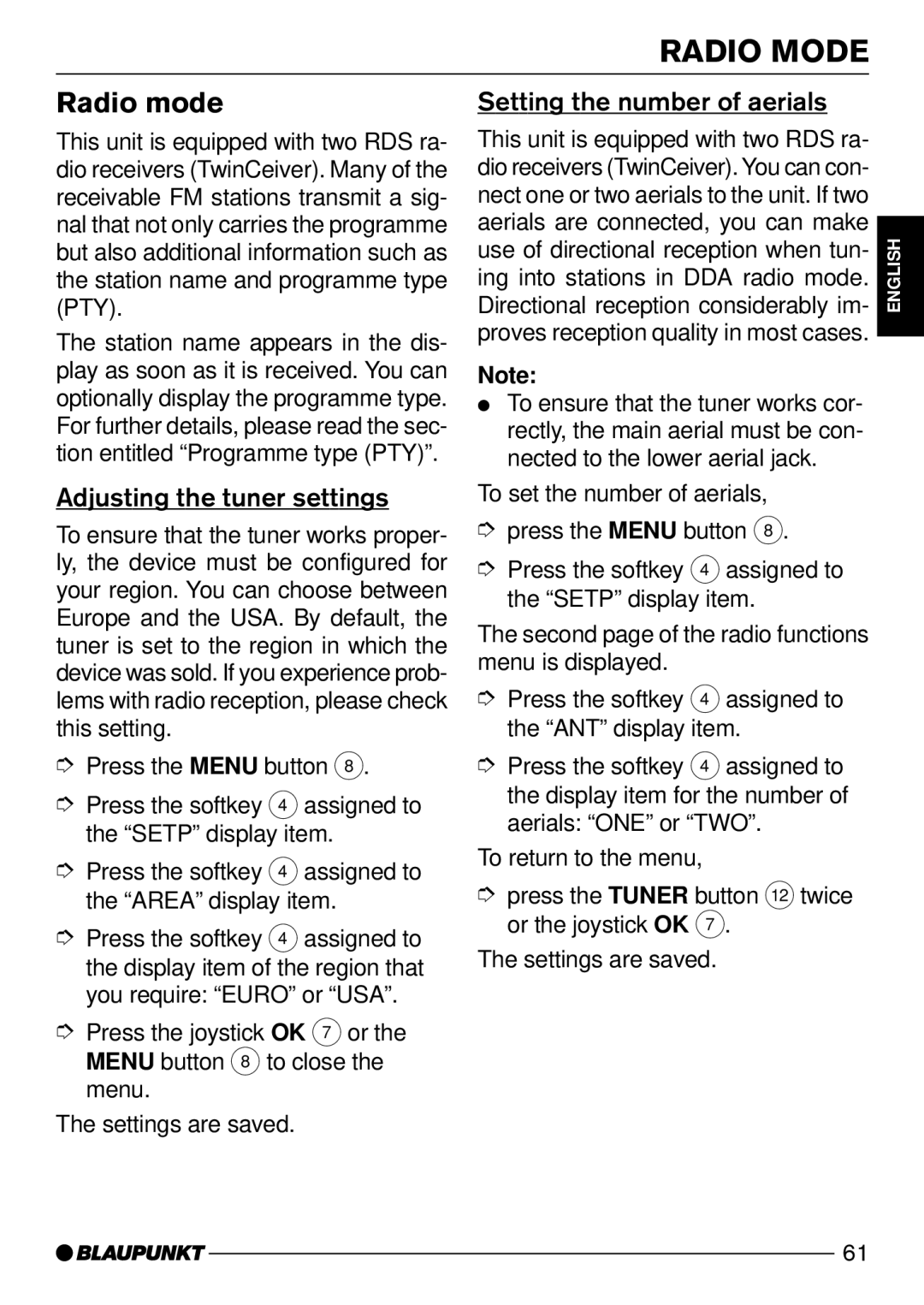 Blaupunkt CD72 operating instructions Radio Mode, Radio mode, Adjusting the tuner settings, Setting the number of aerials 