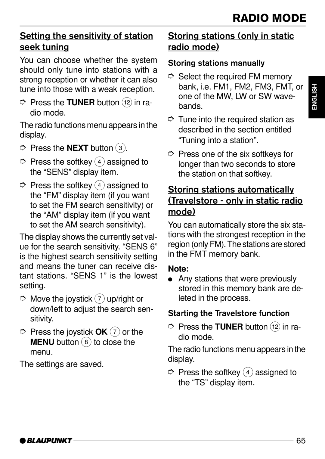 Blaupunkt CD72 Setting the sensitivity of station seek tuning, Storing stations only in static radio mode 