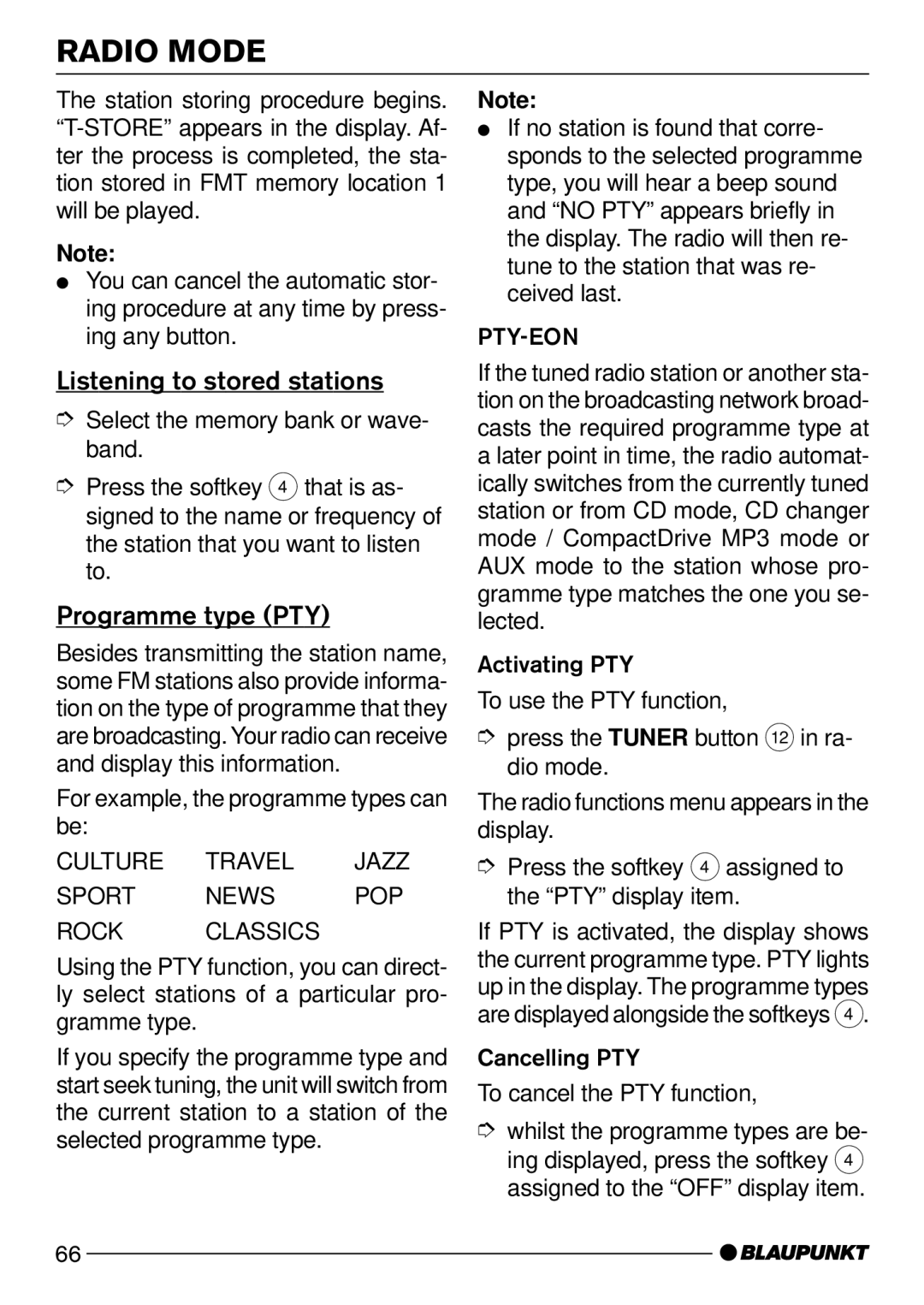 Blaupunkt CD72 Listening to stored stations, Programme type PTY, For example, the programme types can be 