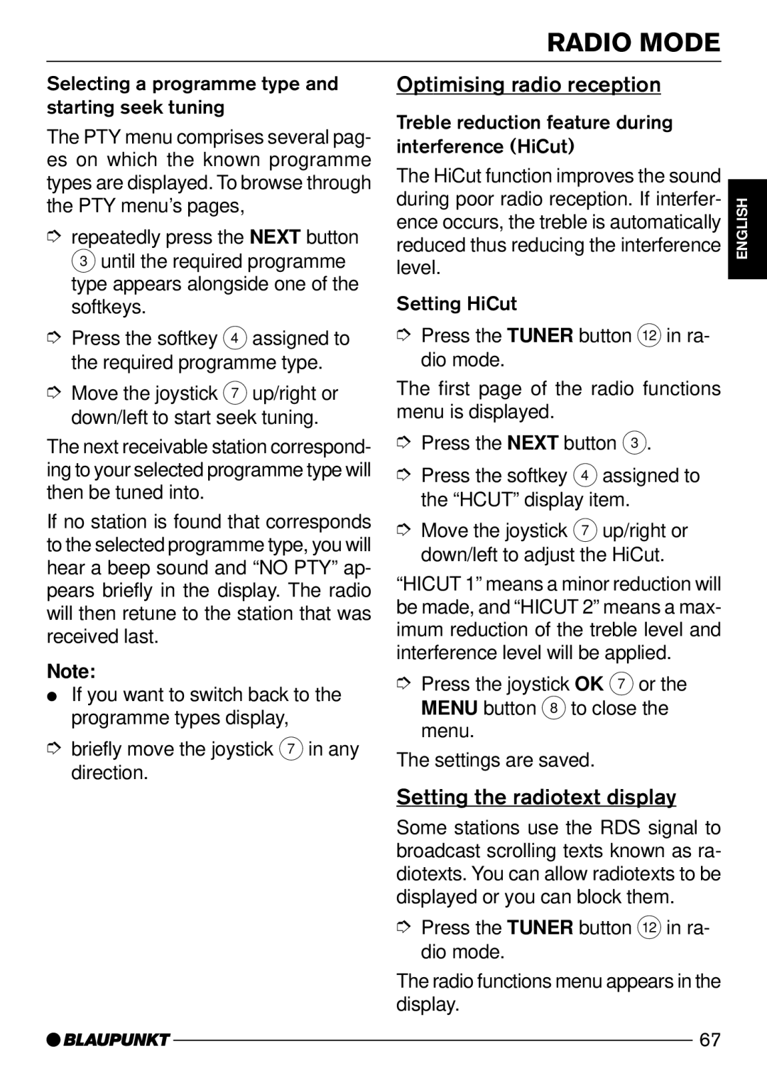 Blaupunkt CD72 operating instructions Optimising radio reception, Setting the radiotext display 