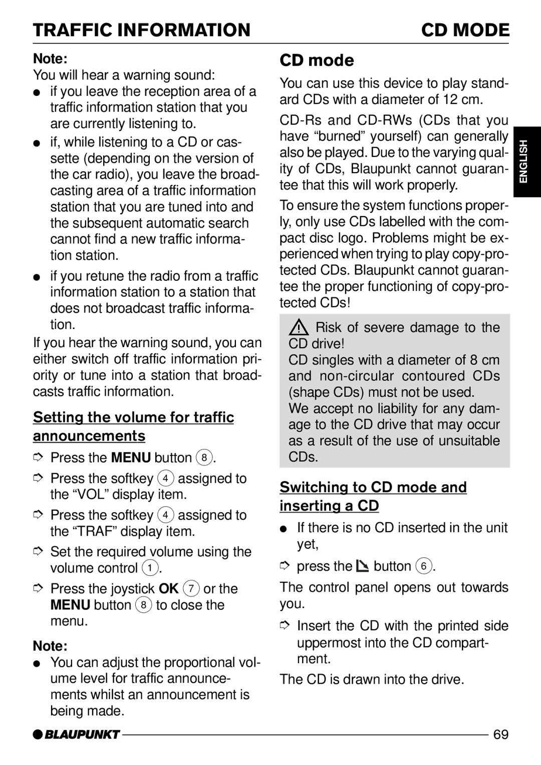 Blaupunkt CD72 CD Mode, Setting the volume for traffic announcements, Switching to CD mode Inserting a CD 