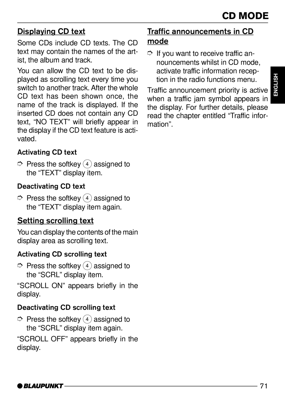 Blaupunkt CD72 operating instructions Displaying CD text, Setting scrolling text, Traffic announcements in CD, Mode 