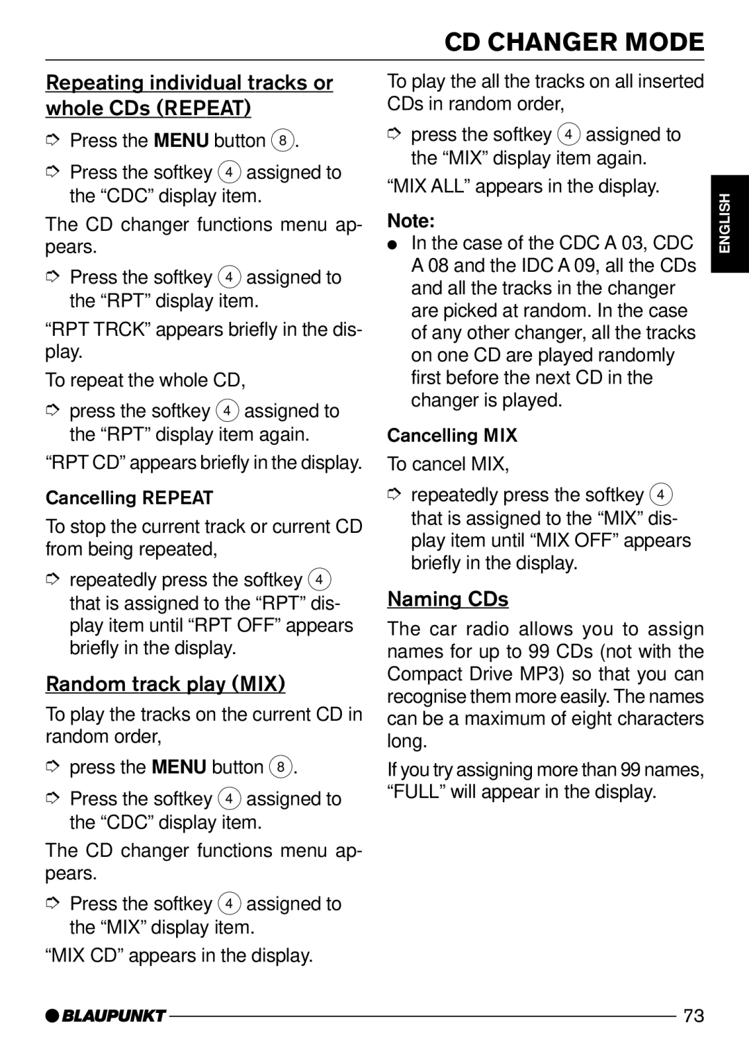 Blaupunkt CD72 operating instructions Repeating individual tracks or whole CDs Repeat, Naming CDs 