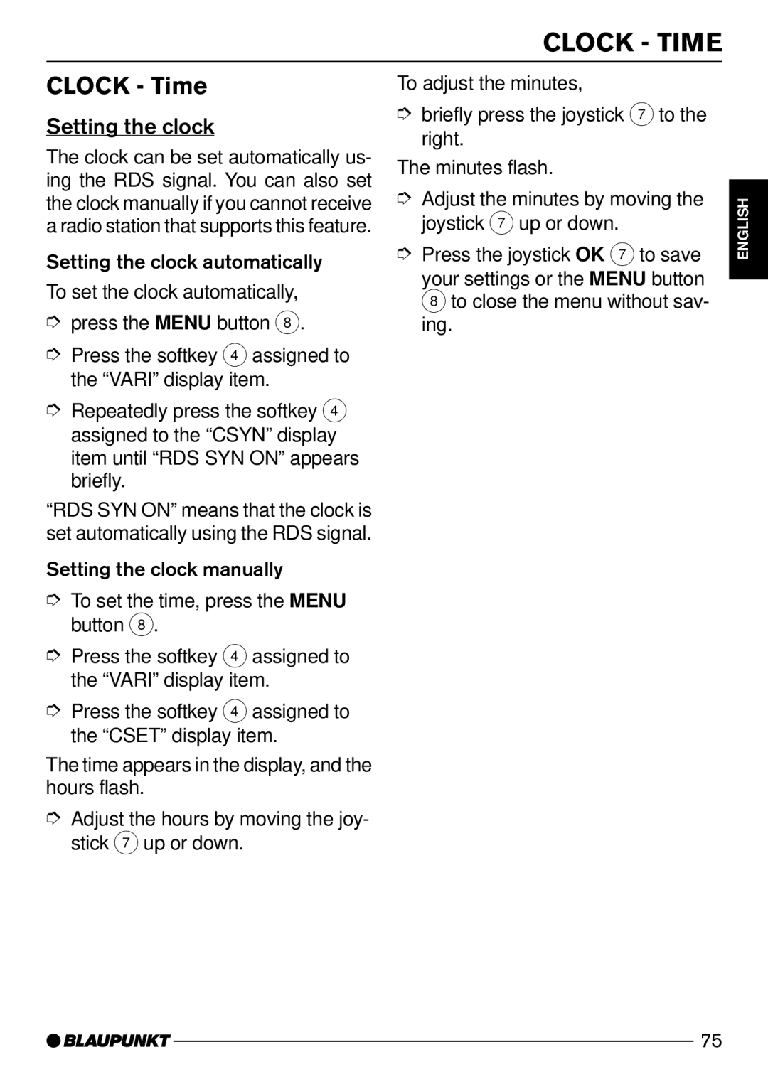 Blaupunkt CD72 operating instructions Clock Time, Setting the clock 