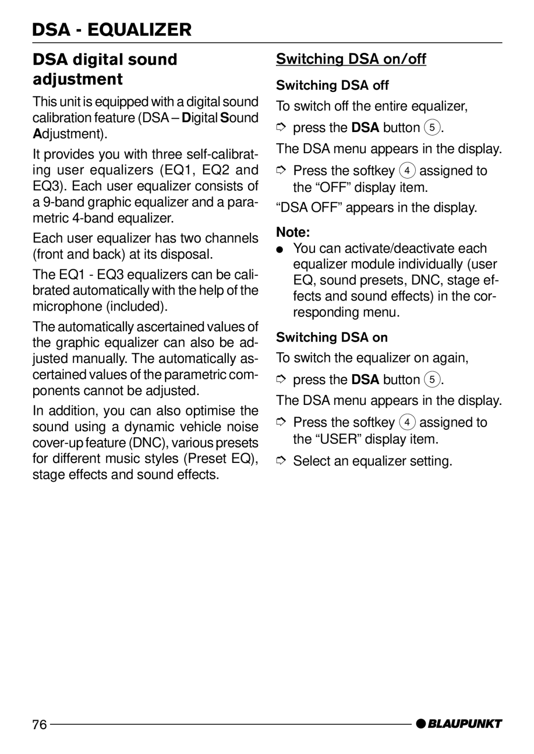 Blaupunkt CD72 operating instructions DSA Equalizer, DSA digital sound adjustment, Switching DSA on/off 