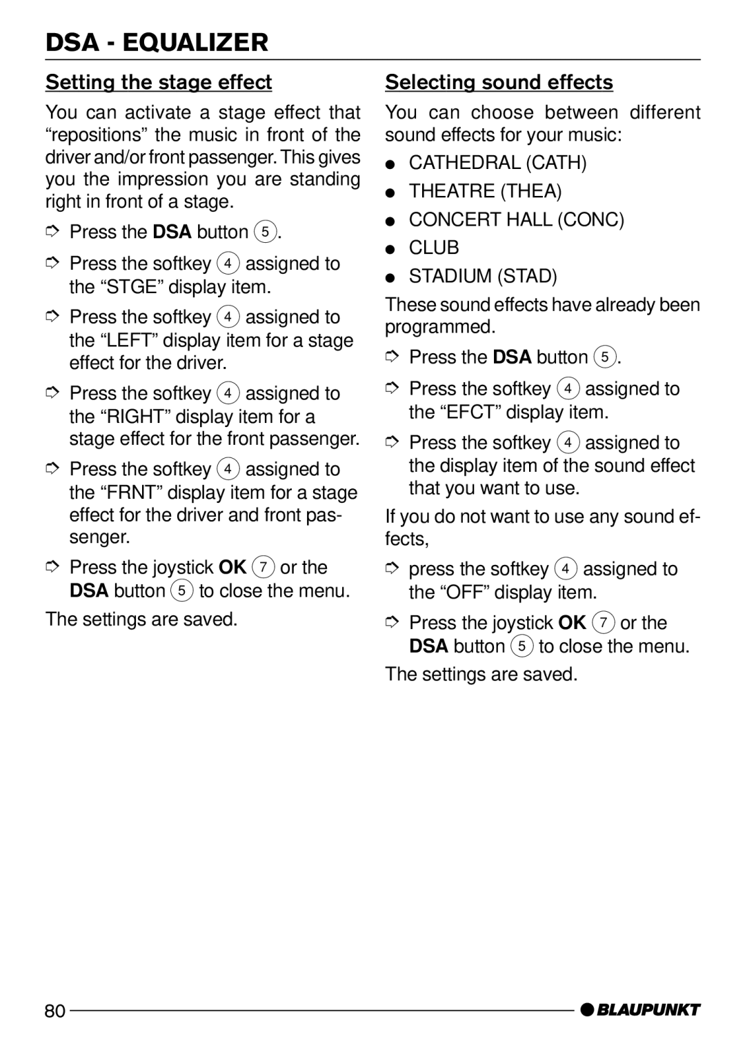 Blaupunkt CD72 operating instructions Setting the stage effect Selecting sound effects 