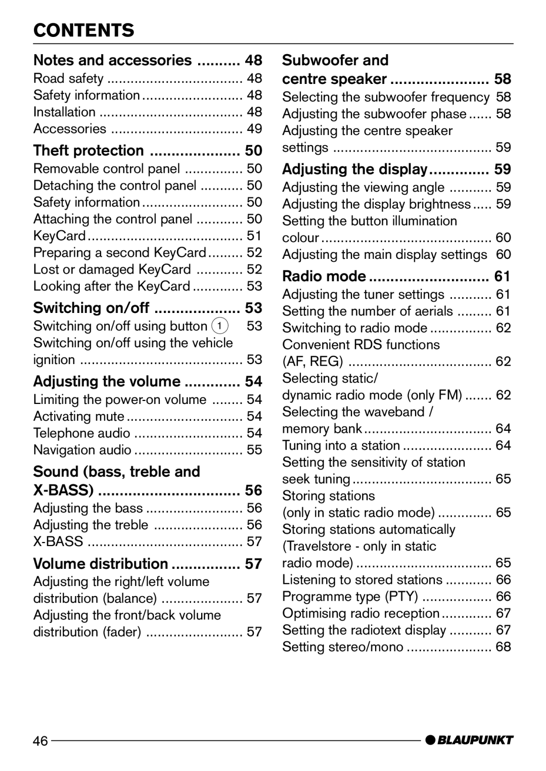 Blaupunkt CD72 operating instructions Contents 