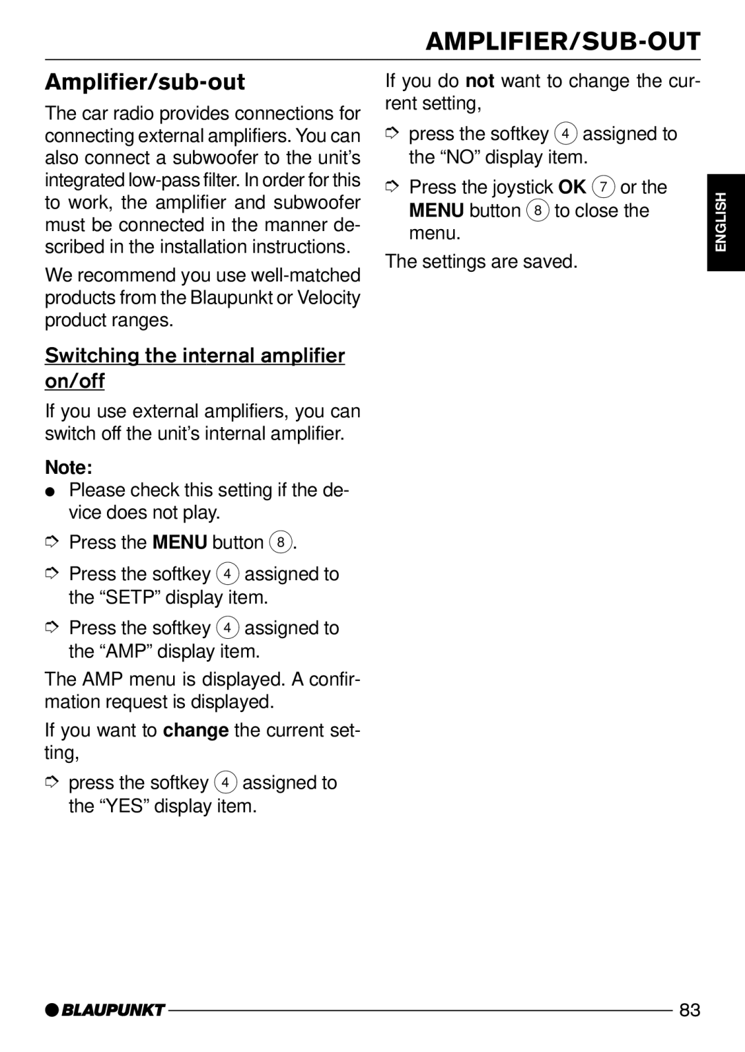 Blaupunkt CD72 operating instructions Amplifier/Sub-Out, Amplifier/sub-out, Switching the internal amplifier on/off 