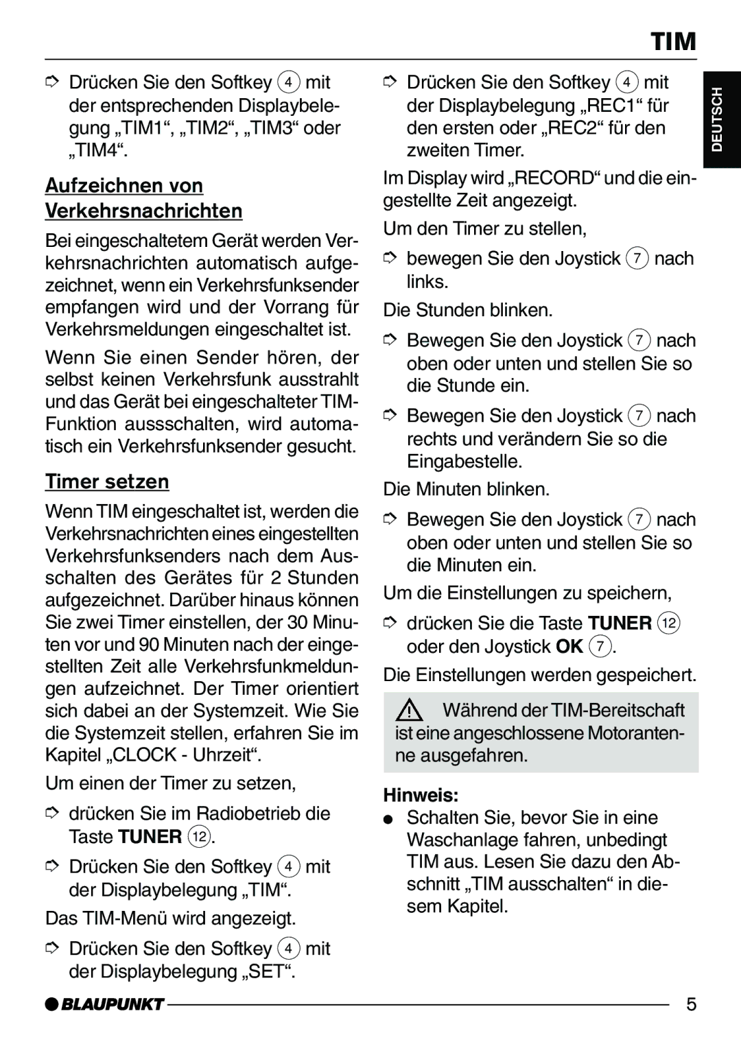 Blaupunkt CD72 operating instructions Aufzeichnen von Verkehrsnachrichten, Timer setzen 