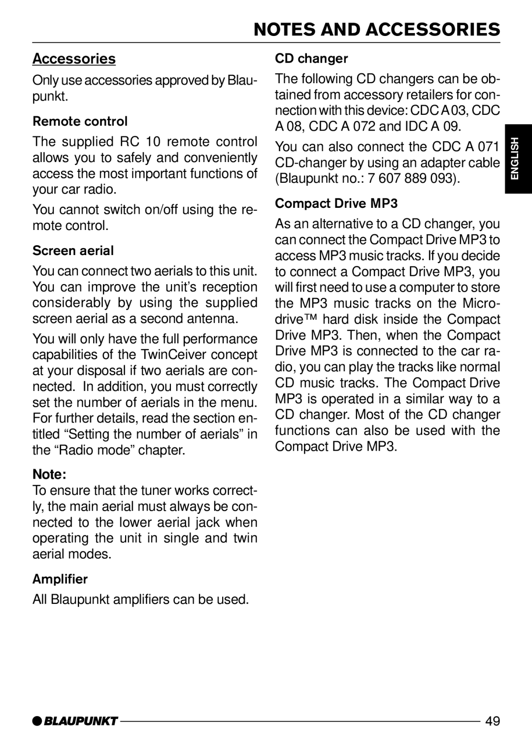 Blaupunkt CD72 operating instructions Accessories, Compact Drive MP3 