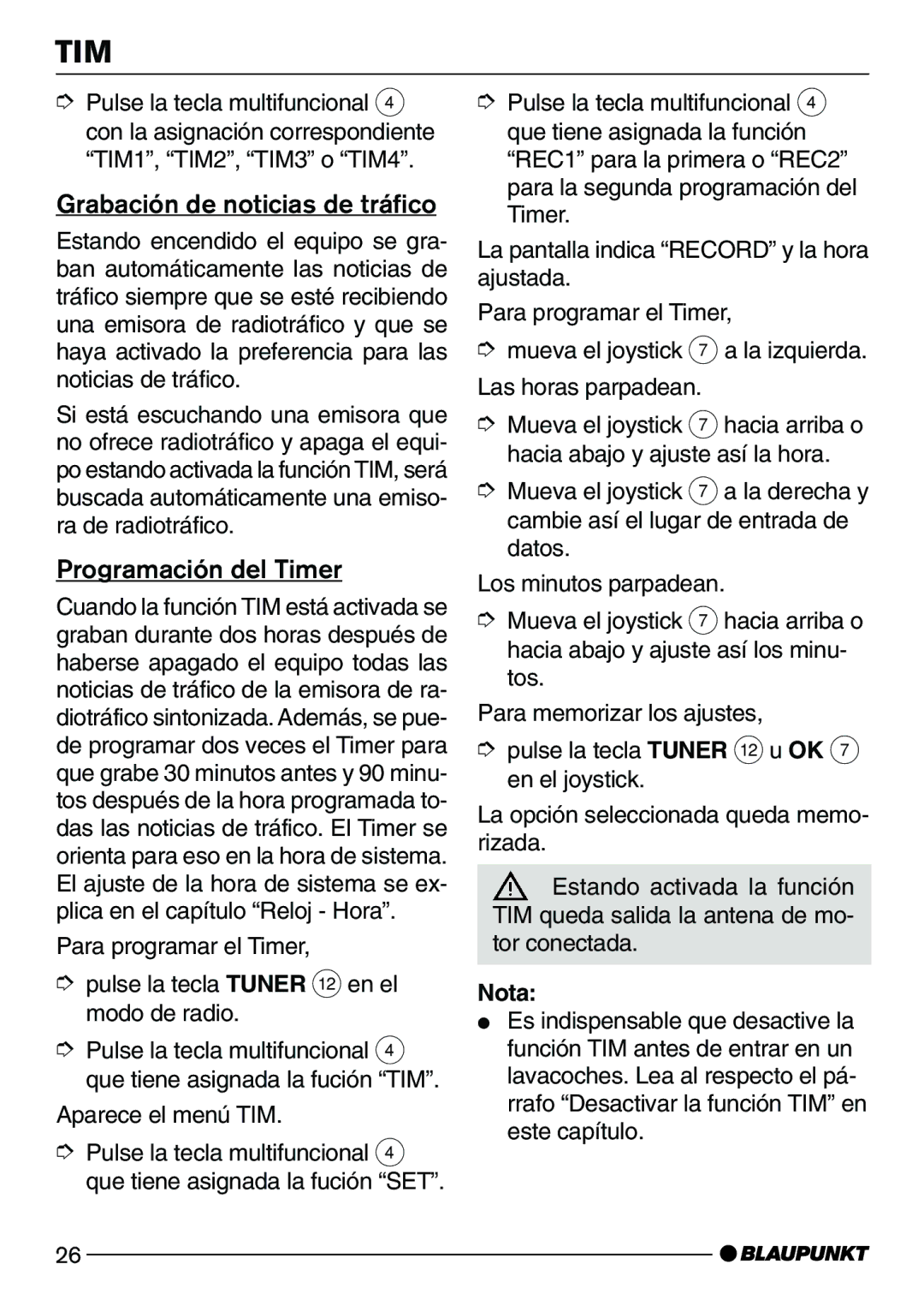 Blaupunkt CD72 operating instructions Grabación de noticias de tráfico, Programación del Timer 