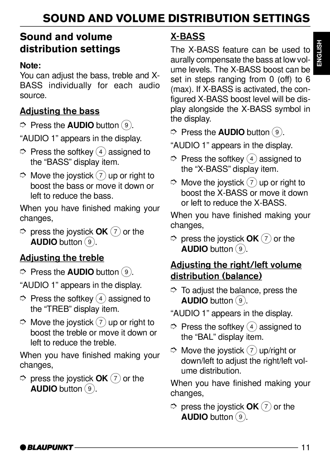 Blaupunkt CD74, CD73 Sound and Volume Distribution Settings, Sound and volume distribution settings, Adjusting the bass 