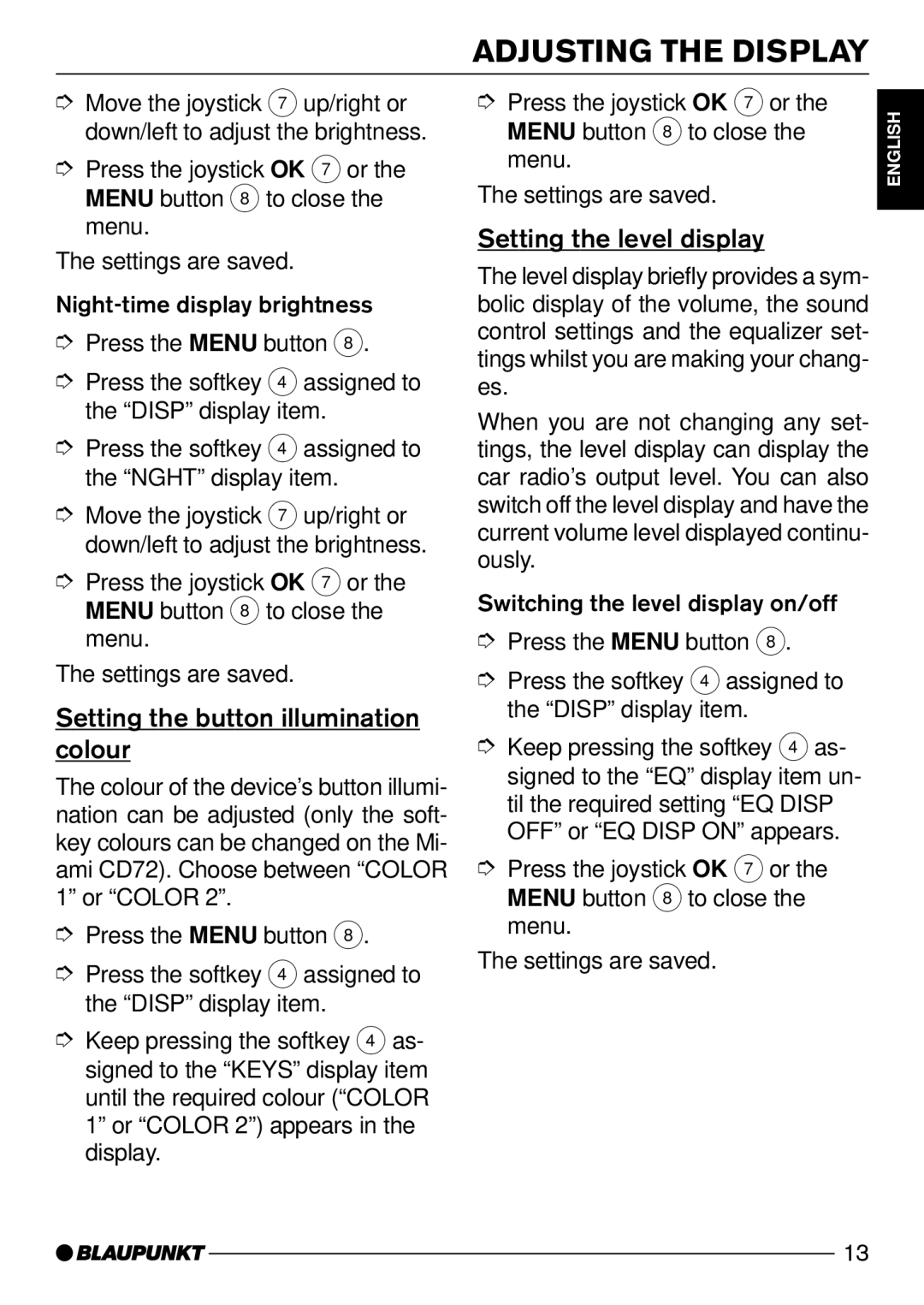 Blaupunkt CD74, CD73 Adjusting the Display, Setting the button illumination colour, Setting the level display 