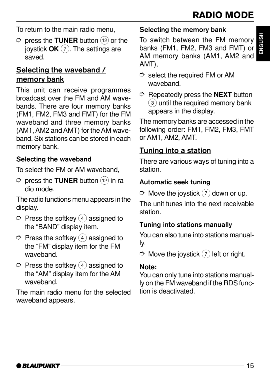 Blaupunkt CD74, CD73 operating instructions Selecting the waveband / memory bank, Tuning into a station 