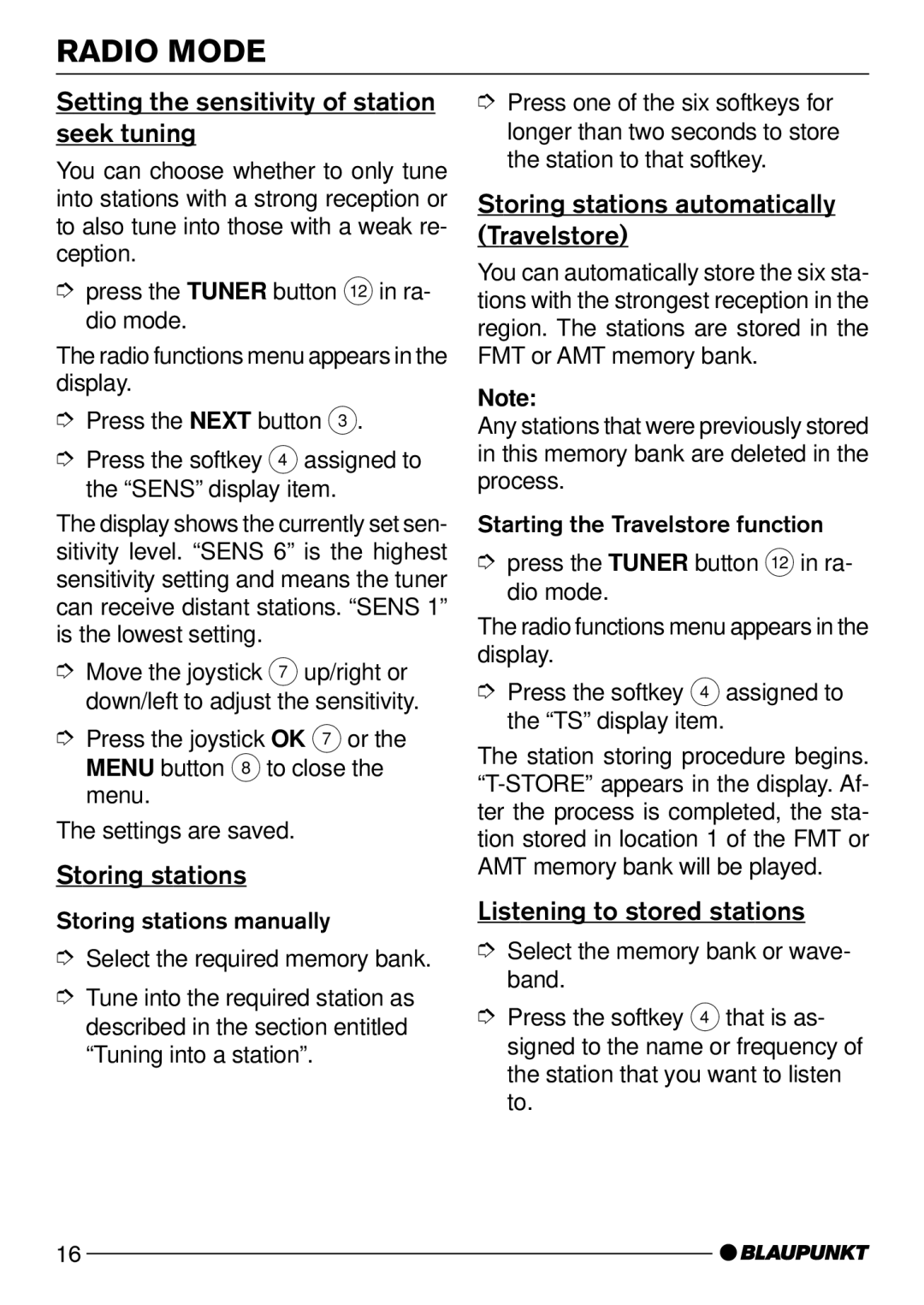 Blaupunkt CD73, CD74 Setting the sensitivity of station seek tuning, Storing stations, Listening to stored stations 