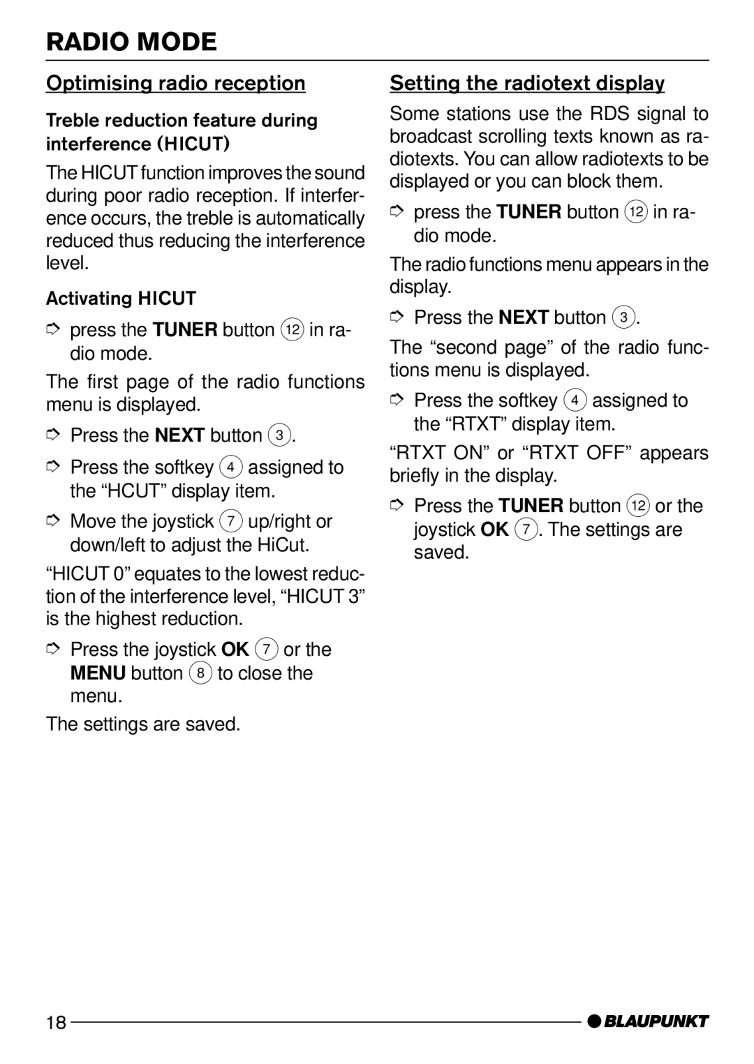 Blaupunkt CD73, CD74 operating instructions Optimising radio reception, Setting the radiotext display 