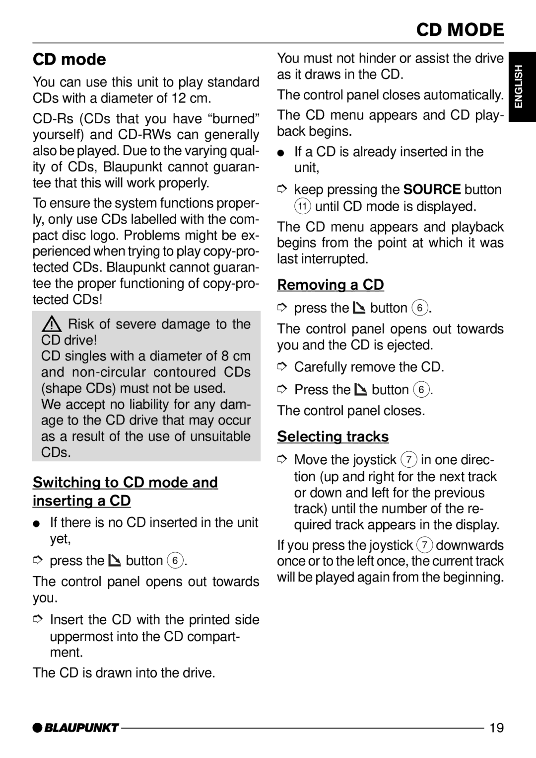 Blaupunkt CD74, CD73 CD Mode, Switching to CD mode and inserting a CD, Removing a CD, Selecting tracks 