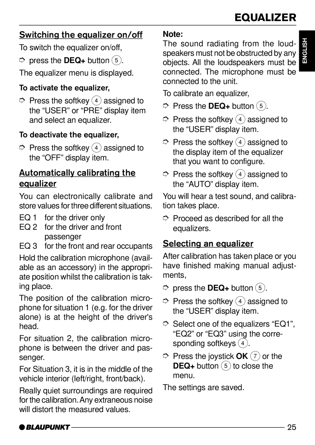 Blaupunkt CD74, CD73 Switching the equalizer on/off, Automatically calibrating the equalizer, Selecting an equalizer 