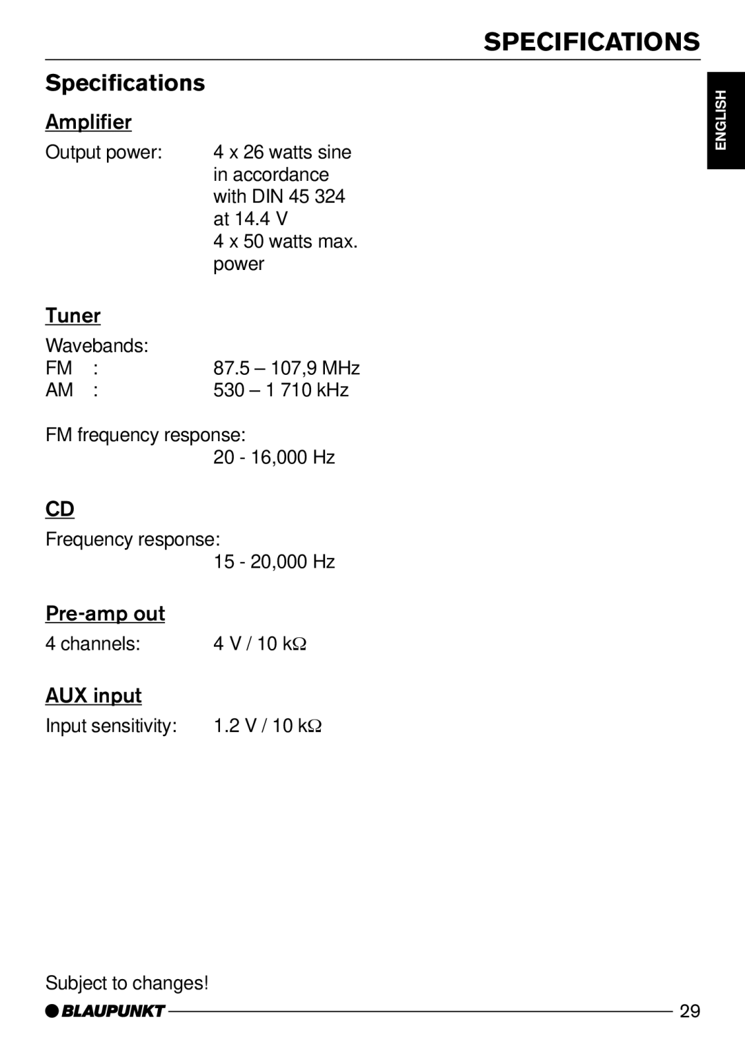 Blaupunkt CD74, CD73 operating instructions Specifications 