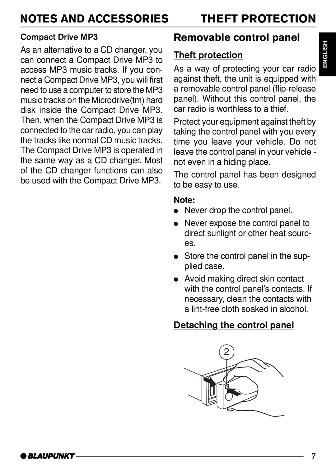 Blaupunkt CD74, CD73 operating instructions Removable control panel, Theft protection, Detaching the control panel 