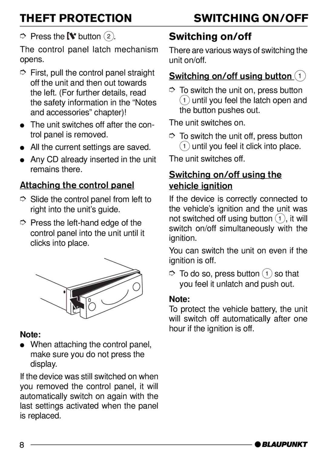 Blaupunkt CD73, CD74 operating instructions Theft Protection Switching ON/OFF, Switching on/off, Attaching the control panel 