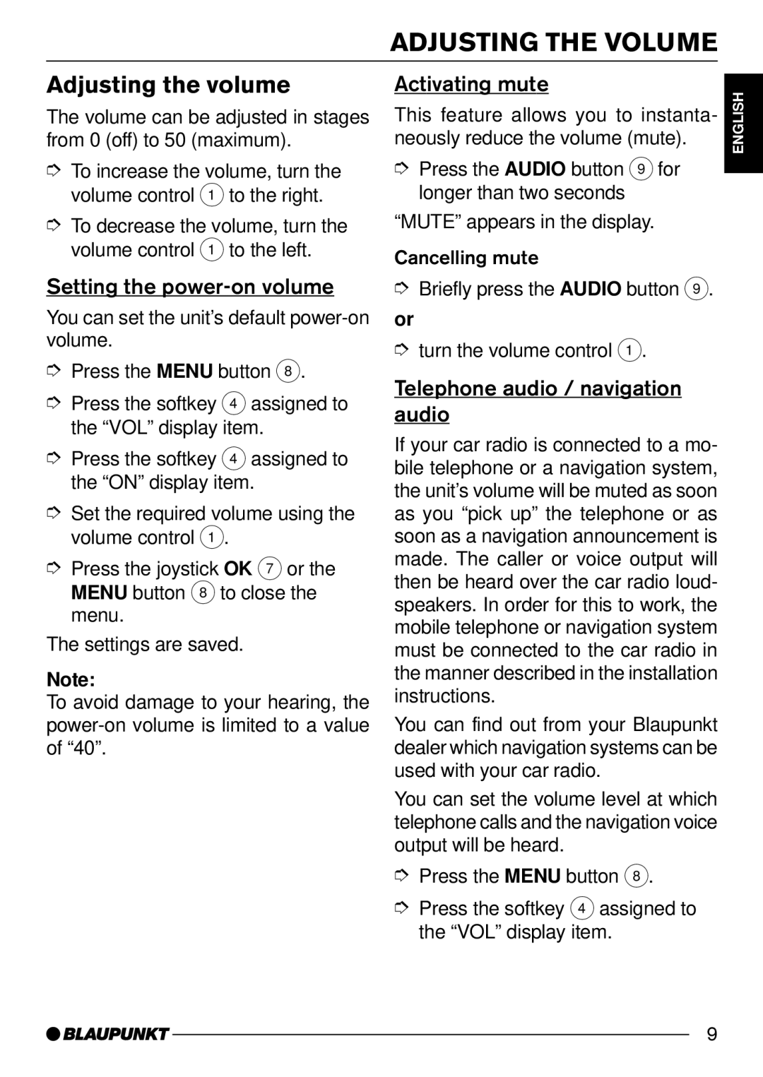 Blaupunkt CD74, CD73 Adjusting the Volume, Adjusting the volume, Setting the power-on volume, Activating mute 