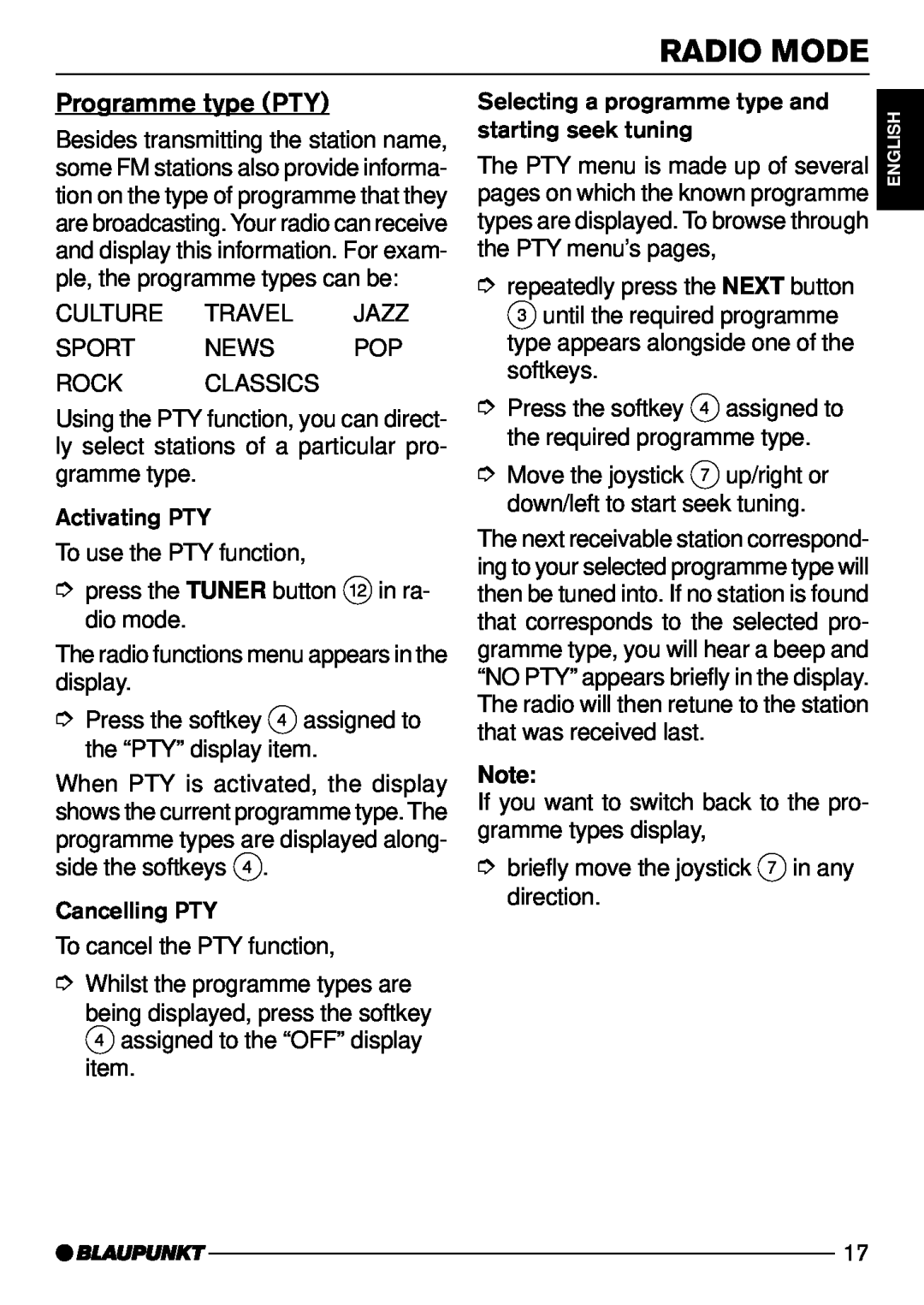 Blaupunkt CD74, CD73 operating instructions Programme type PTY, Radio Mode, Activating PTY, Cancelling PTY 
