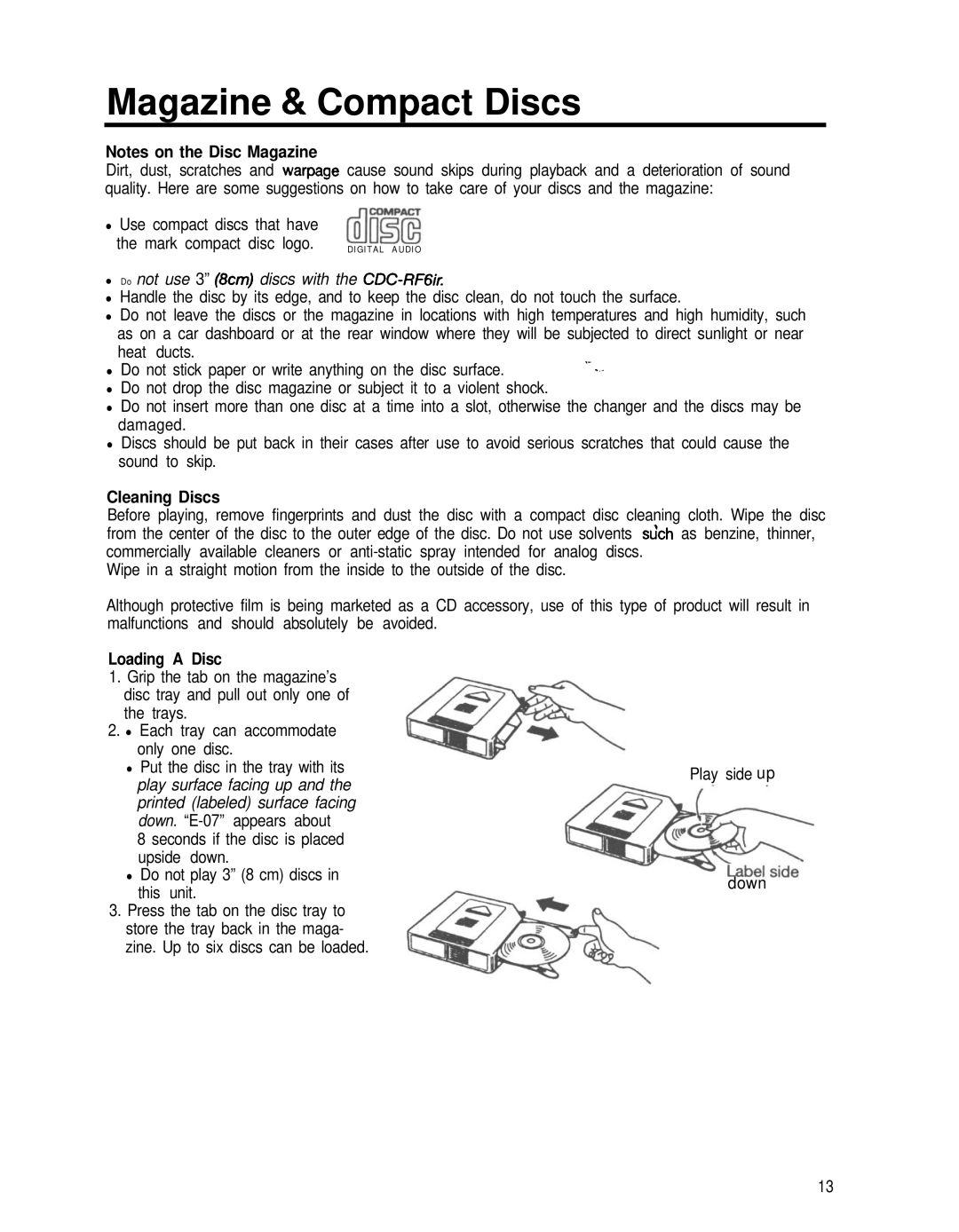 Blaupunkt CDC-RF6IR manual Magazine & Compact Discs, Cleaning Discs, Loading a Disc 