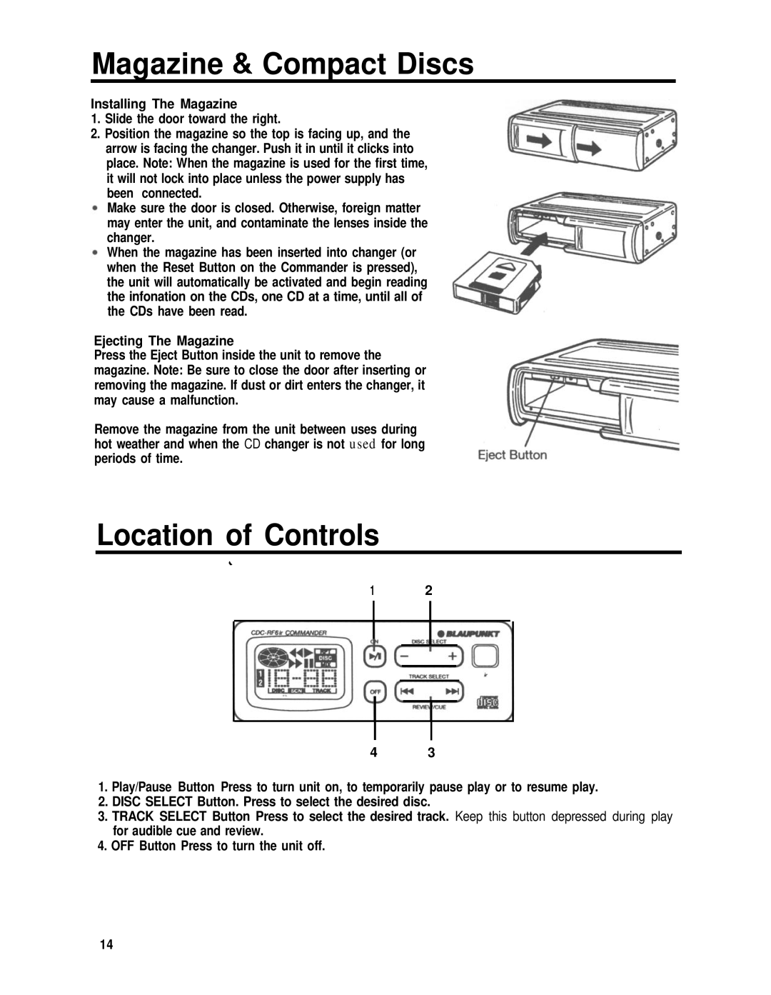 Blaupunkt CDC-RF6IR manual Location of Controls 