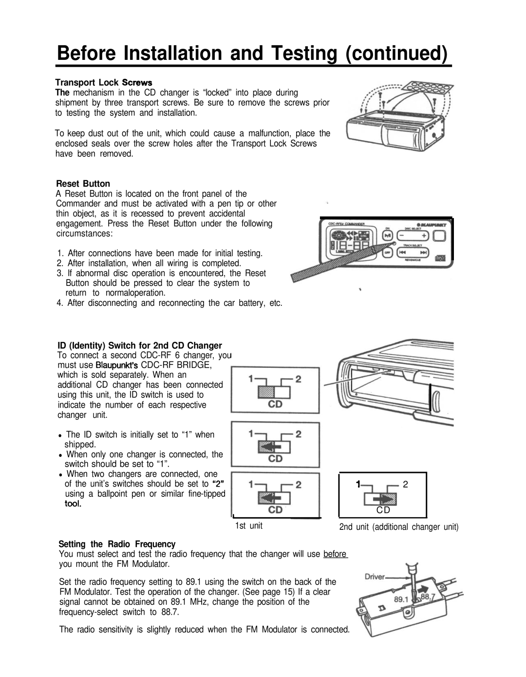 Blaupunkt CDC-RF6IR manual Before Installation and Testing, Transport Lock Scwws, Reset Button, Setting the Radio Frequency 