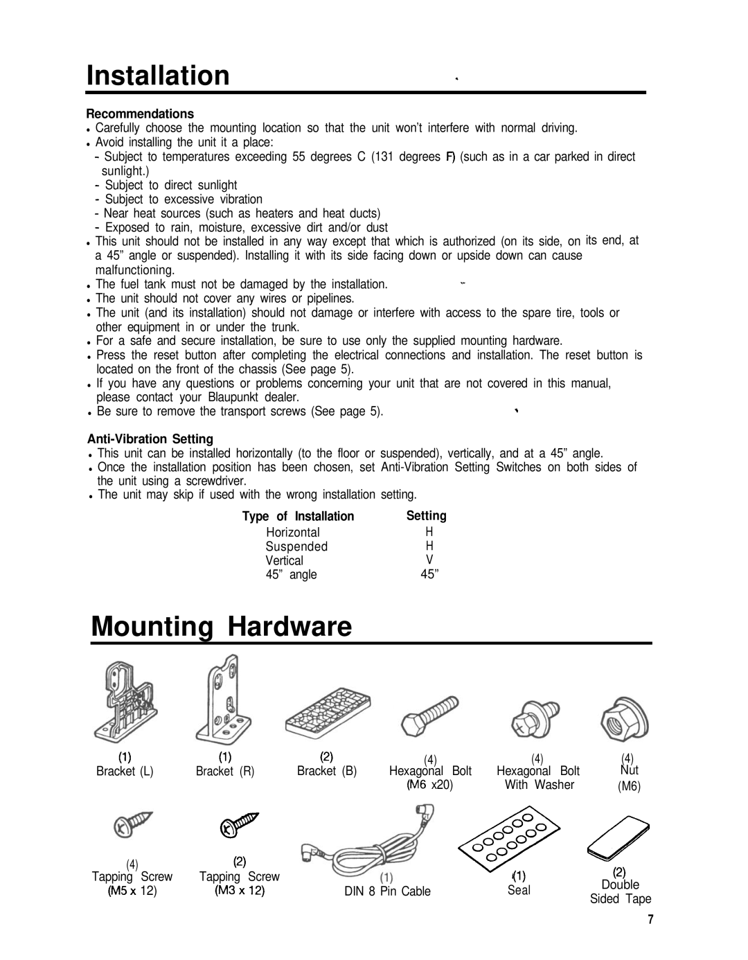 Blaupunkt CDC-RF6IR manual Recommendations, Anti-Vibration Setting, Type of Installation 